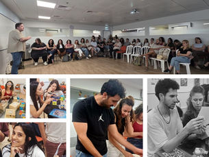 A photo collage showing people participating in activities and listening attentively